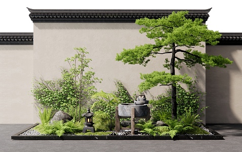 New Chinese Courtyard Landscape Setches Plant Landscape Landscaping Plant Pile Water Pot Pine Tree Landscape Wall 3d model