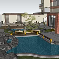 Japanese Zen Courtyard Garden with Stone Moss Trees Wooden Deck Tea Table and Round Cushions