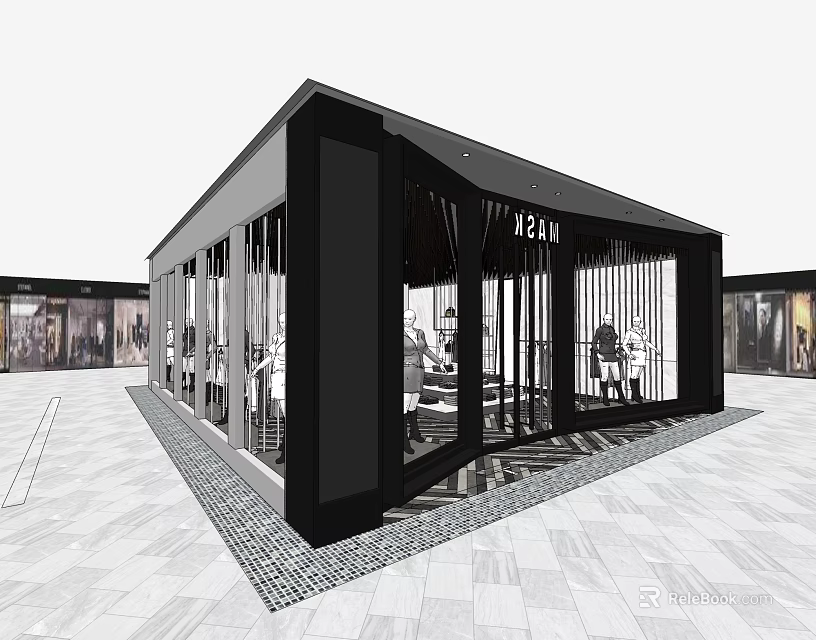 REAN Modern Clothing Store Exterior With Black Design Large Glass Windows And Mannequin Displays 3d model 