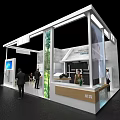 Modern Exhibition Booth Design Featuring Glass Walls Lighting And Visitors Around Display Area