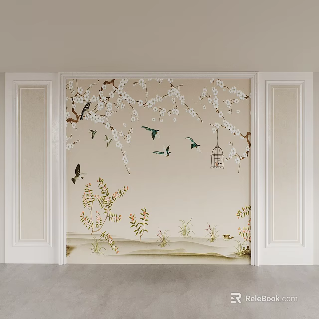 Bedroom Accent Wall With Tree Branches White Blossoms Birds Birdcage Green Plants And White Frames 3d model 