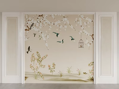 Bedroom Accent Wall With Tree Branches White Blossoms Birds Birdcage Green Plants And White Frames 3d model