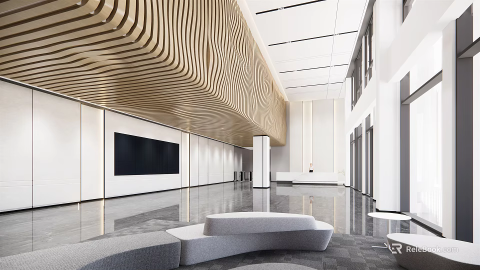 Modern Front Desk Reception Lobby With Wooden Slatted Ceiling And Waiting Sofa 3d model 