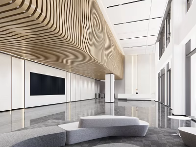 Modern Front Desk Reception Lobby With Wooden Slatted Ceiling And Waiting Sofa 3d model