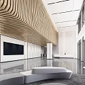 Modern Front Desk Reception Lobby With Wooden Slatted Ceiling And Waiting Sofa
