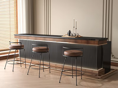Modern Bar Counter With Black Countertop Vertical Slats Three Brown Stools Candles Decorations And Blinds 3d model