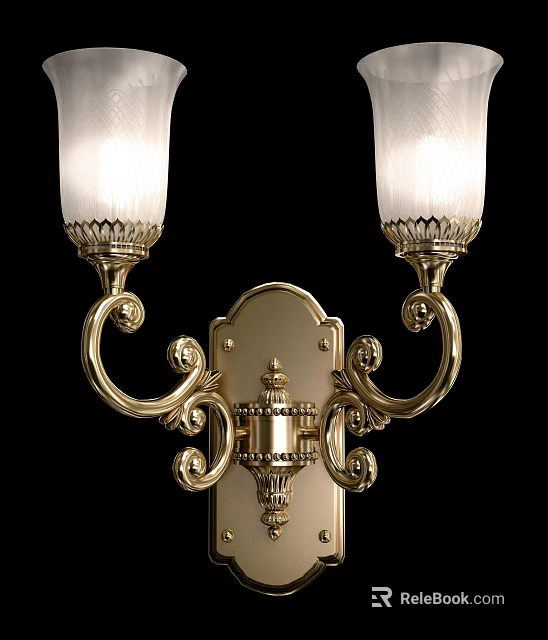 Classic Brass Wall Sconce With Double Glass Shades And Ornate Carved Details 3d model 