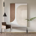 Modern Interior With Abstract Geometric Wall Art Brown Chair And Green Plant