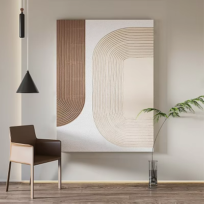Modern Interior With Abstract Geometric Wall Art Brown Chair And Green Plant 3d model