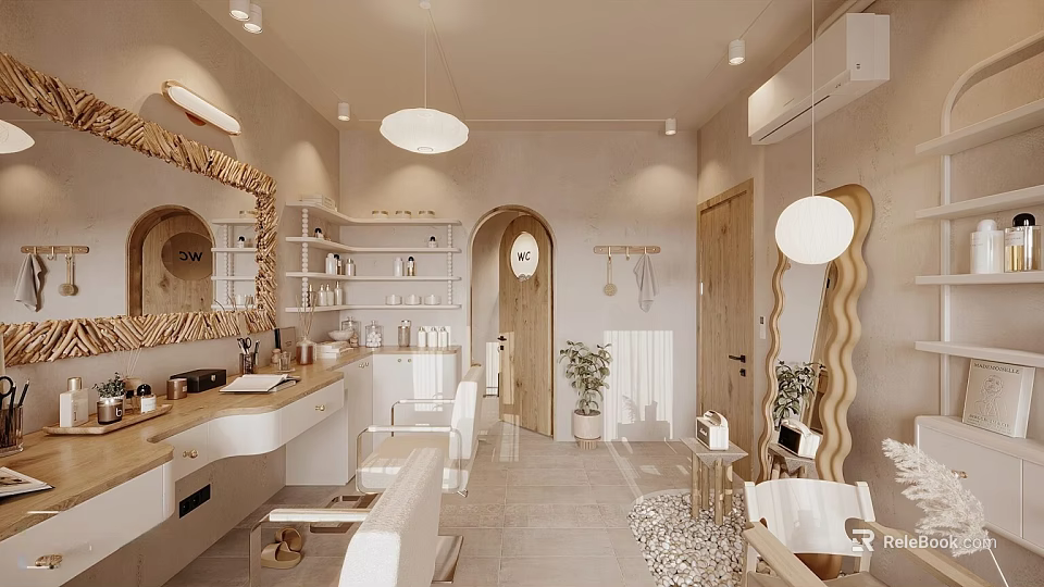 Modern Hair And Beauty Salon Interior With Styling Stations Mirrors Hanging Lights And Decorative Plants 3d model 