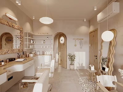 Modern Hair And Beauty Salon Interior With Styling Stations Mirrors Hanging Lights And Decorative Plants 3d model