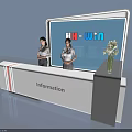 Modern Exhibition Entrance with Information Desk Staff Members Vase and Brand Logo