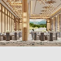 Luxurious Banquet Hall Interior With Crystal Chandeliers And Dining Table Chair Arrangements