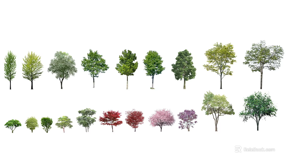 Array Of Arbor Trees With Different Leaf Colors And Shapes For Landscaping 3d model
