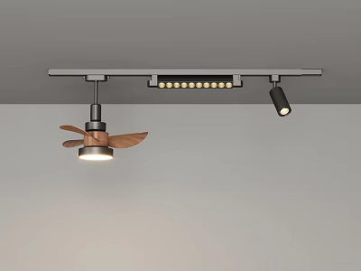 Modern Track Lighting Combination With Wooden Blade Fan Light And Black Spotlights 3d model