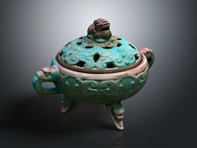 Ancient Chinese Bronze Censer With Carved Lid Animal Handles And Three Legs 3d model