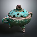 Ancient Chinese Bronze Censer With Carved Lid Animal Handles And Three Legs