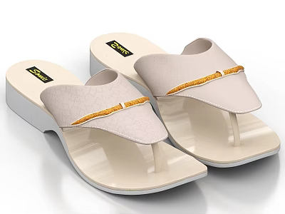 Women's Beige Flip Flops With Textured Upper Golden Strap And Thick Sole 3d model