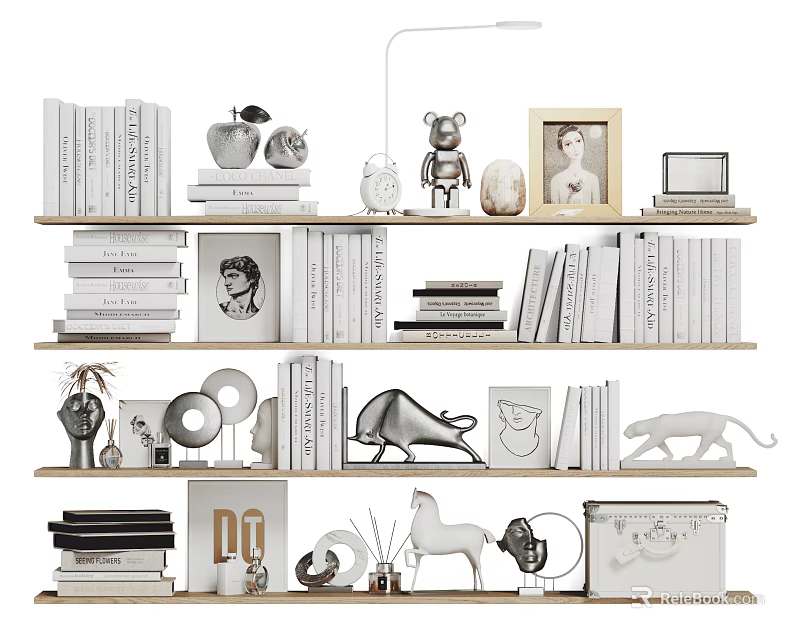 Decorative Ornament Set With Books Photo Frames And Sculptures On Wooden Bookshelf 3d model 