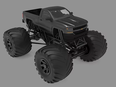 Black Monster Truck With Large Off Road Tires Lifted Chassis And Single Cab 3d model