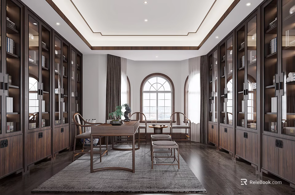 Elegant Study Room Interior With Wooden Bookcases Arched Windows And Wooden Desk 3d model 