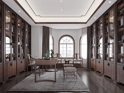 Elegant Study Room Interior With Wooden Bookcases Arched Windows And Wooden Desk 3d model