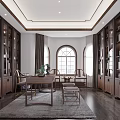 Elegant Study Room Interior With Wooden Bookcases Arched Windows And Wooden Desk