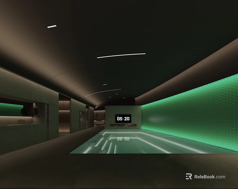 Modern SPA Sauna Interior With Green Wall Arched Ceiling Illuminated Floor And Digital Clock 3d model 