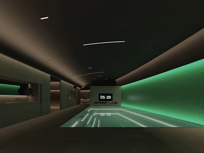 Modern SPA Sauna Interior With Green Wall Arched Ceiling Illuminated Floor And Digital Clock 3d model