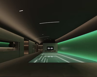 Modern SPA Sauna Interior With Green Wall Arched Ceiling Illuminated Floor And Digital Clock 3d model