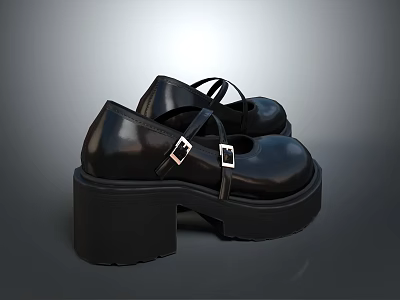 Fashionable Black Leather Platform Shoes With Cross Straps And Metal Buckles 3d model