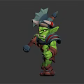Green Skinned Horned Orc Warrior Holding Spiked Axe In Red And Green Armor