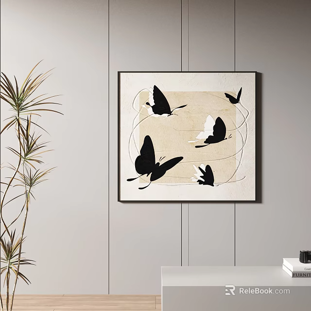 Abstract Painting With Black Butterfly Silhouettes On Beige Background Hanging On Wall 3d model 