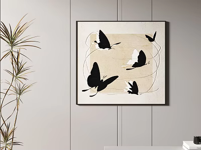 Abstract Painting With Black Butterfly Silhouettes On Beige Background Hanging On Wall 3d model