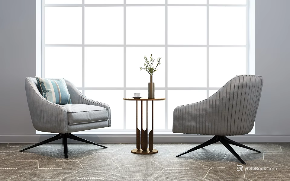 Casual Sofa Set Gray Striped Chairs With Round Side Table Vase Plant By Large Window 3d model 