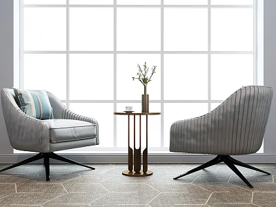 Casual Sofa Set Gray Striped Chairs With Round Side Table Vase Plant By Large Window 3d model