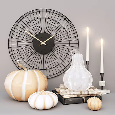 Decorative Ornament Set with Black Iron Clock Pumpkin Glass Gourd and White Candles 3d model