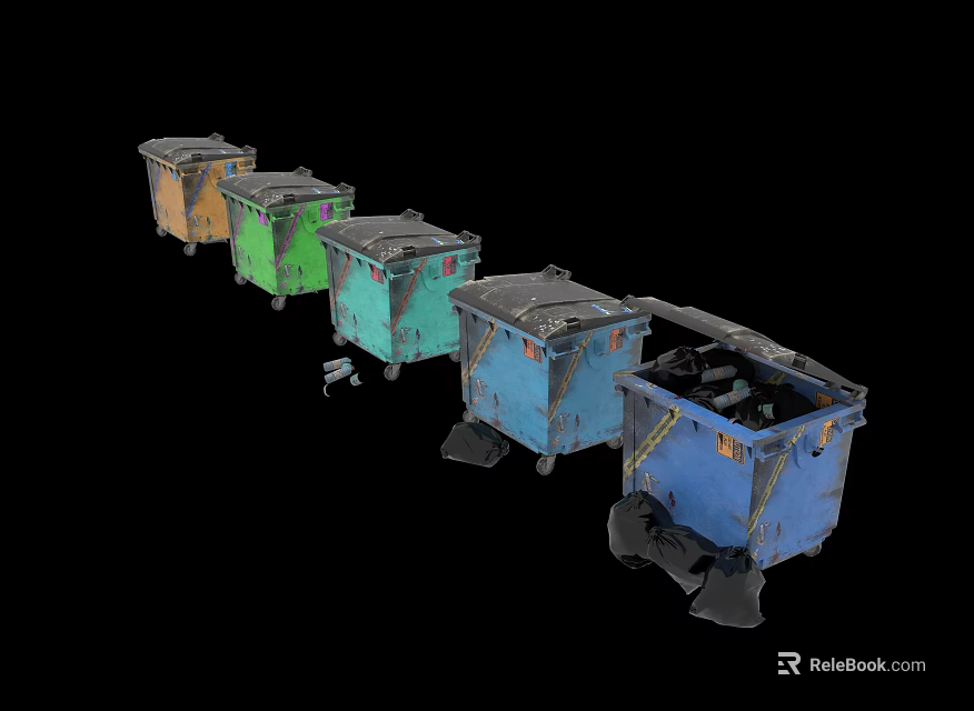 Five Multi Colored Trash Bins With Open Blue Bin On Black Background 3d model 