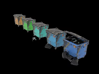 Five Multi Colored Trash Bins With Open Blue Bin On Black Background 3d model