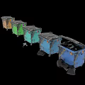 Five Multi Colored Trash Bins With Open Blue Bin On Black Background