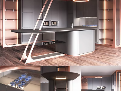 Modern Kitchen Interior With Gray Cabinets Rose Gold Accents And Black Countertop 3d model
