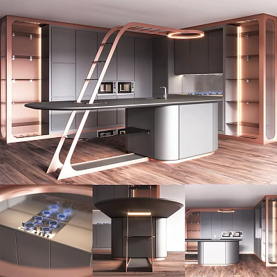Modern Kitchen Interior With Gray Cabinets Rose Gold Accents And Black Countertop 3d model