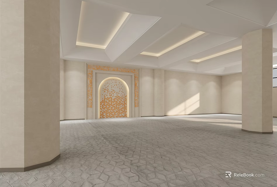 Religious Worship Hall Interior With Decorative Arch And Spacious Prayer Area 3d model 
