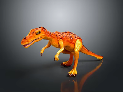 Orange And Yellow Dinosaur Toy With Black Spots Standing Pose Showing Reflection On Grey Gradient Background 3d model