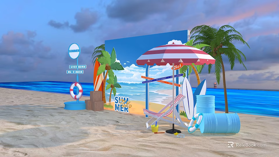 Summer Beach Scene With Red White Umbrella Surfboard Lifesaver And Palm Trees 3d model 