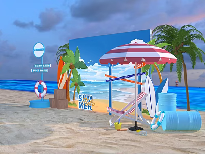 Summer Beach Scene With Red White Umbrella Surfboard Lifesaver And Palm Trees 3d model
