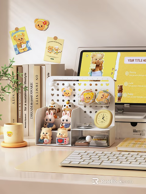 Decorative Functional Desk With Teddy Bear Figurines Storage Organizer Laptop Books And Potted Plant 3d model 