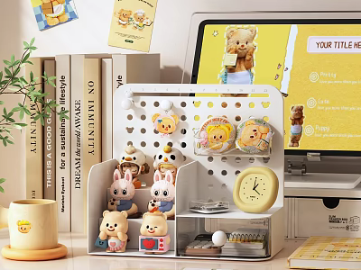 Decorative Functional Desk With Teddy Bear Figurines Storage Organizer Laptop Books And Potted Plant 3d model