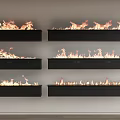 Modern Black Wall Mounted Fireplaces with Burning Flames Arranged on White Wall
