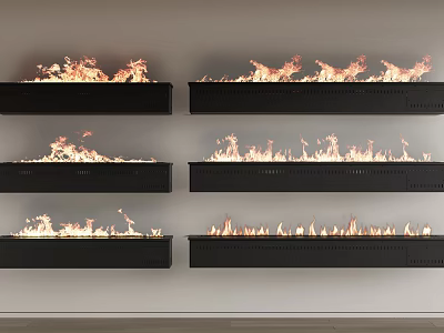 Modern Black Wall Mounted Fireplaces with Burning Flames Arranged on White Wall 3d model